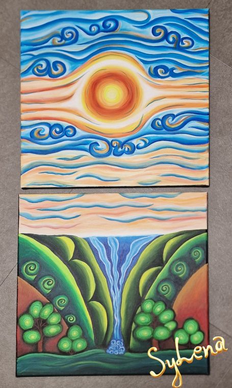 Bunte Landschaft mit Sonne, Wolken, Wasserfall und geschwungenen Hügeln.